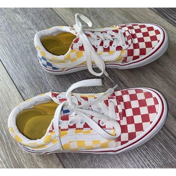 Vans Off The Wall Youth US Size 1 Red Yellow Blue Checkerboard Shoes Old Skool - Picture 2 of 10